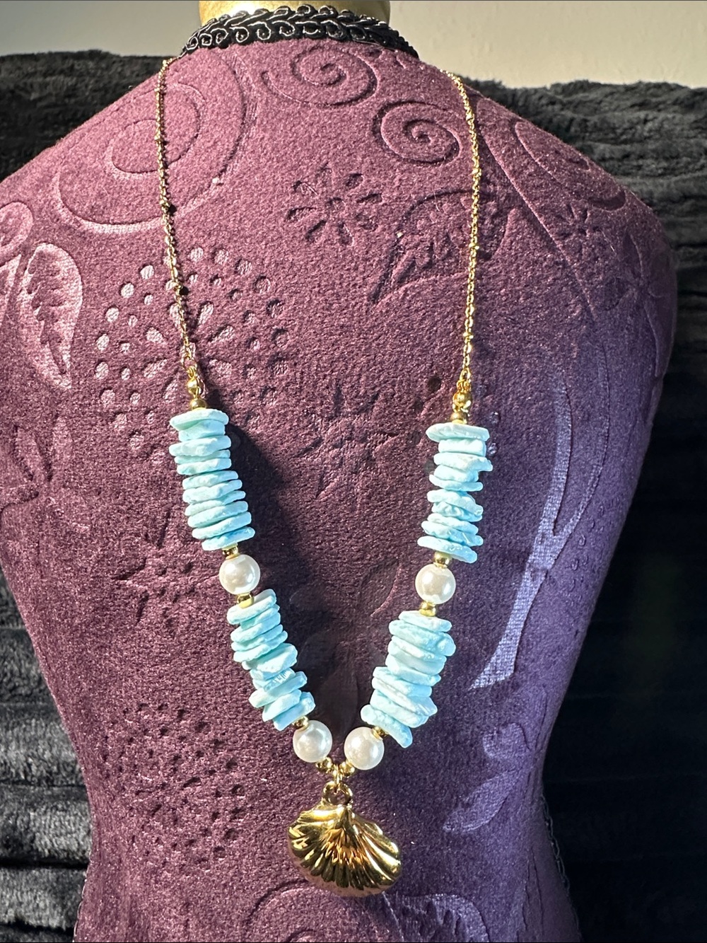 Gold Shell Pendant Necklace with Light Blue Stone Chips and Pearls
